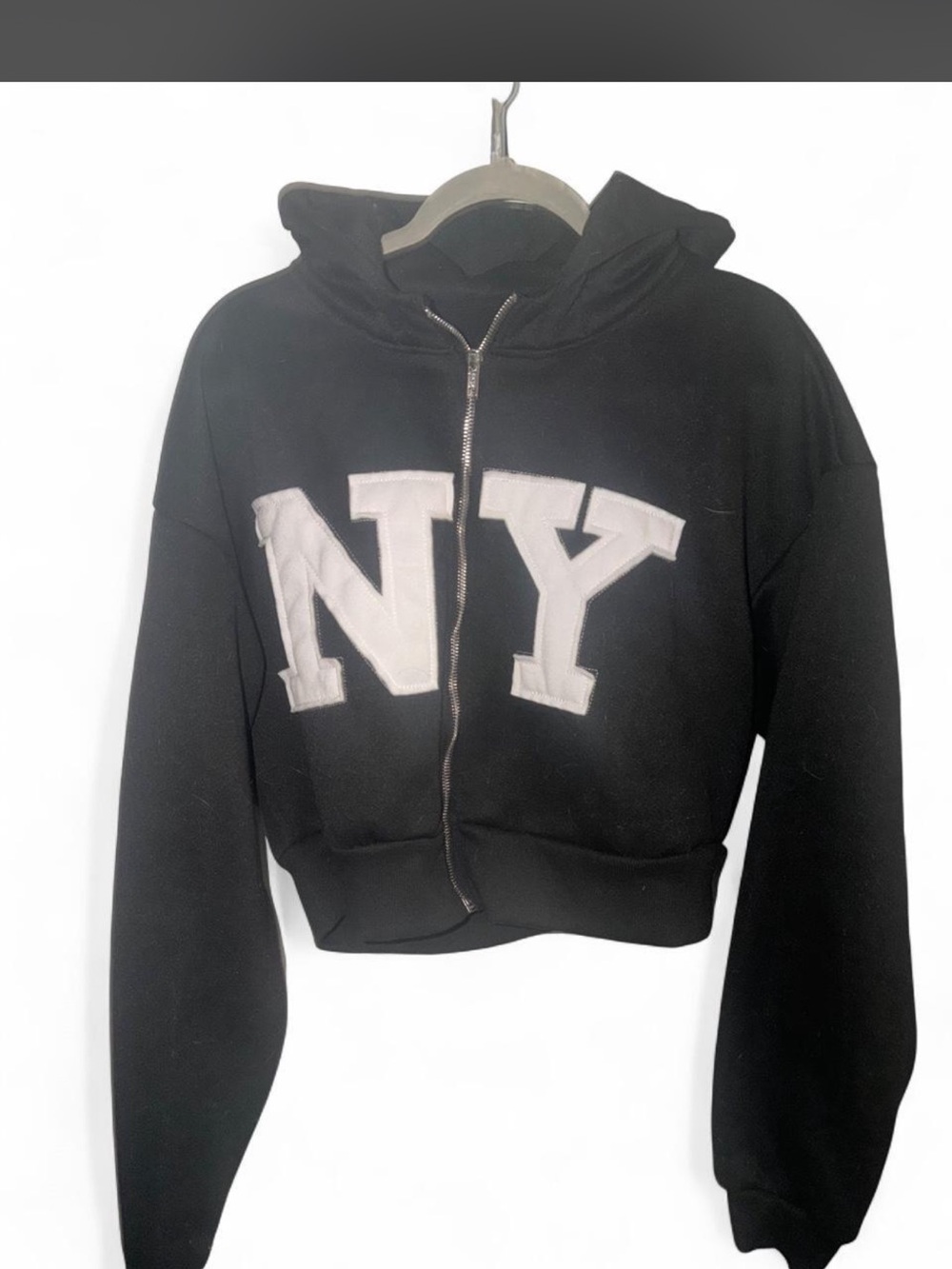 Missguided + Black Zip-Up Hoodie with White NY Appliqué